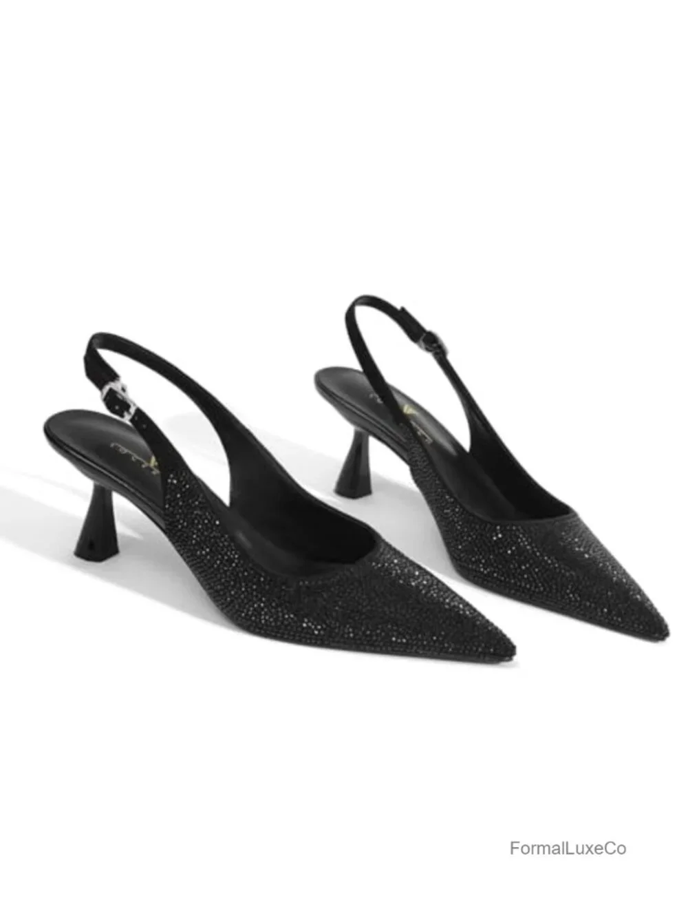 Kitten Heels Slingback Low Heel Dress Shoes Rhinestone Pointed Toe Sparkly